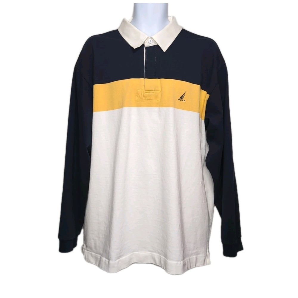 Nautica Polo Rugby Shirt Mens XXL 2XL‎ Colorblock Cotton Long Sleeve Y2K Preppy